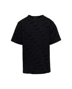 Dolce & Gabbana Black Crewneck T-shirt With Tonal Logo Lettering Print In Cotton Man
