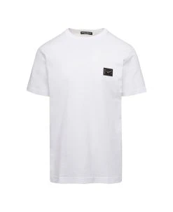 Dolce & Gabbana White Crewneck T-shirt With Logo Plate In Cotton Man