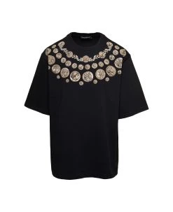 Dolce & Gabbana Black Oversized T-shirt With 'monete' Print Detail In Cotton Man