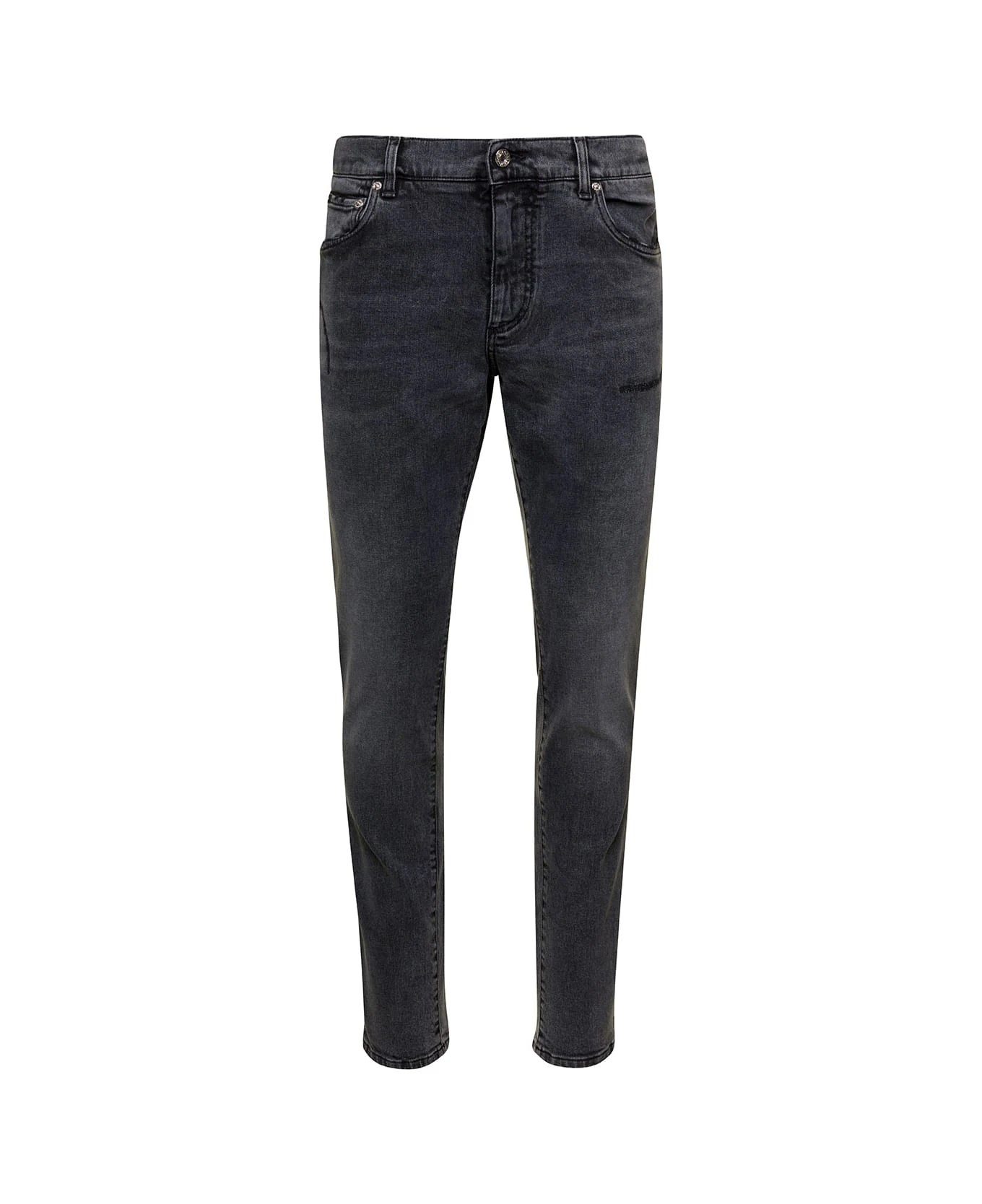 Dolce & Gabbana Grey Five-pockets Slim Jeans With Logo Plaque In Stretch Cotton Denim Man 1 Dolce & Gabbana Grey Five-pockets Slim Jeans With Logo Plaque In Stretch Cotton Denim Man