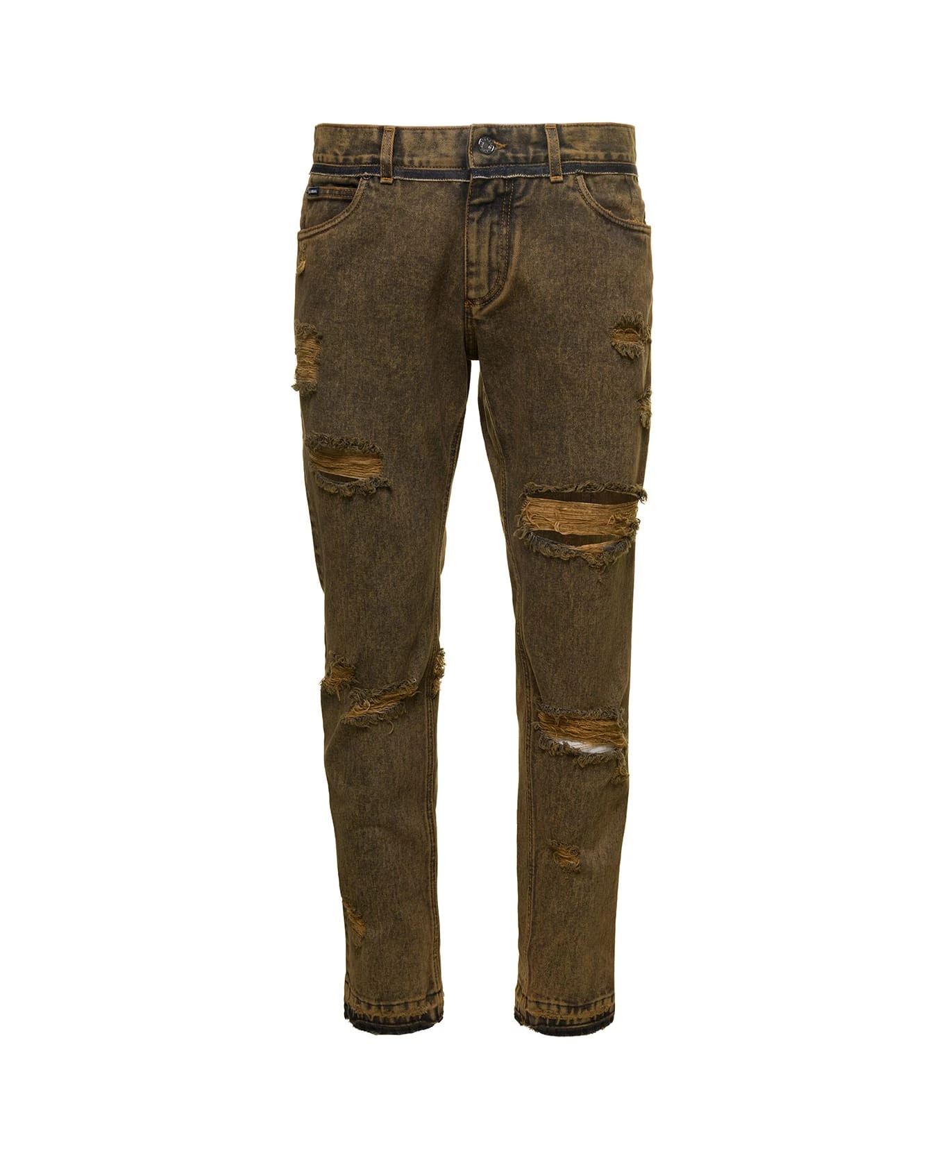 Dolce & Gabbana Brown Straight Jeans With Rips In Cotton Denim Man 1 Dolce & Gabbana Brown Straight Jeans With Rips In Cotton Denim Man