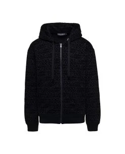 Dolce & Gabbana Black Hoodie With All-over Tonal Logo Print In Cotton Man