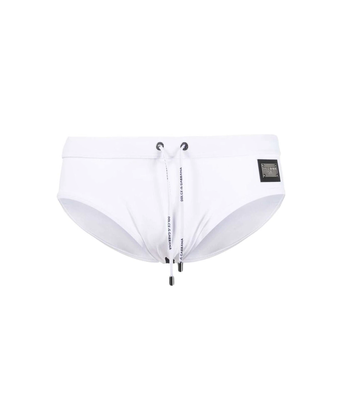 Dolce & Gabbana White Swim Briefs With Branded Drawstring And Logo Tag In Stretch Polyamide Man 1 Dolce & Gabbana White Swim Briefs With Branded Drawstring And Logo Tag In Stretch Polyamide Man