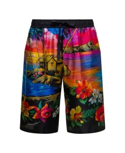 Dolce & Gabbana Multicolor Bermuda Shorts With All-over Hawaiian Print And Drawstrig In Silk Man