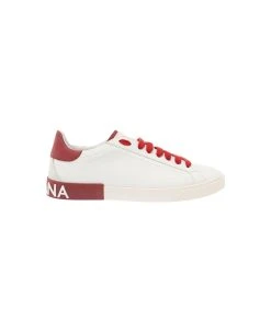 Dolce & Gabbana 'portofino' White And Red Low Top Sneakers With Logo Patch In Leather Man
