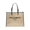 Dolce & Gabbana Beige Structured Shopper With Embroidered Logo In Cotton Blend Woman