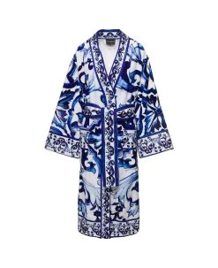 Multicolor Kimono Bathrobe With All-over Blu Mediterraneo Print In Cotton Dolce & Gabbana