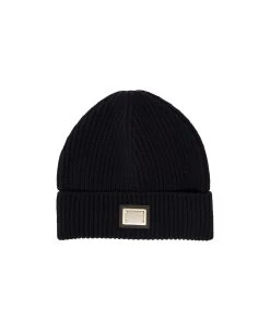 Dolce & Gabbana Black Ribbed Beanie With Logo Plaque In Wool And Cashmere Blend Woman