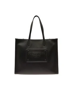 Dolce & Gabbana Black Tote Bag With Tonal Logo Detail In Leather Blend Man