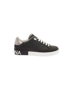 Dolce & Gabbana 'portofino' Black Low Top Sneakers With Metal Heel Tab And Logo Patch In Leather Man