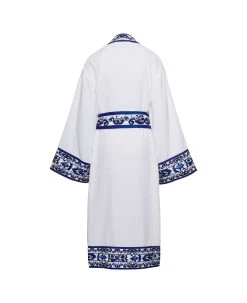White Kimono Bathrobe With Blu Mediterraneo Trim In Cotton Dolce & Gabbana
