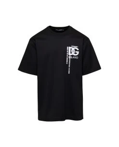 Dolce & Gabbana Black Crewneck T-shirt With Contrasting Logo Print In Cotton Man