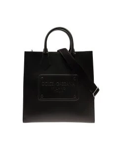 Dolce & Gabbana Black Tote Bag With Raised Tonal Logo Tag In Leather Man