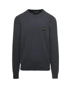 Dolce & Gabbana Grey Crewneck Sweater With Metal Logo Plaque In Wool And Cashmere Man